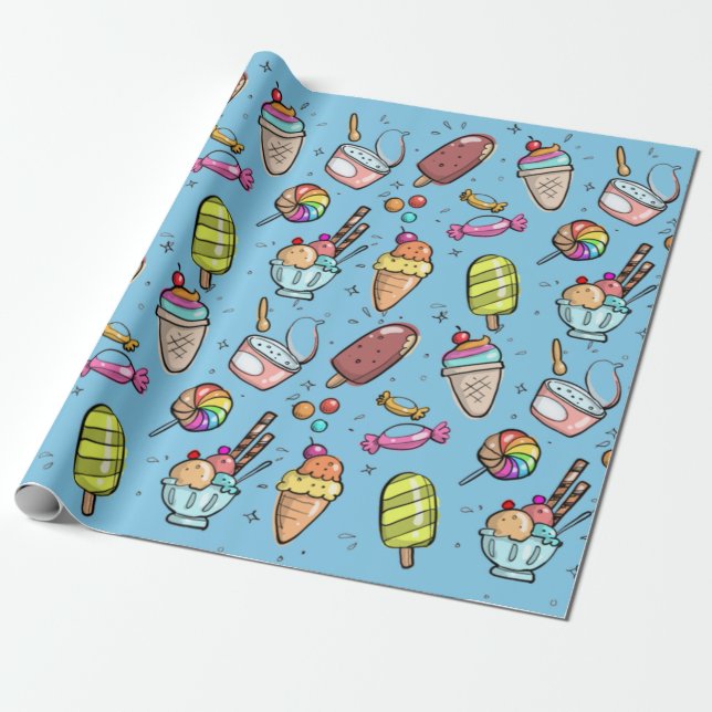 Ice Cream Candy Blue Wrapping Paper (Unrolled)