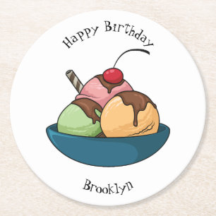 Ice cream cartoon illustration round paper coaster