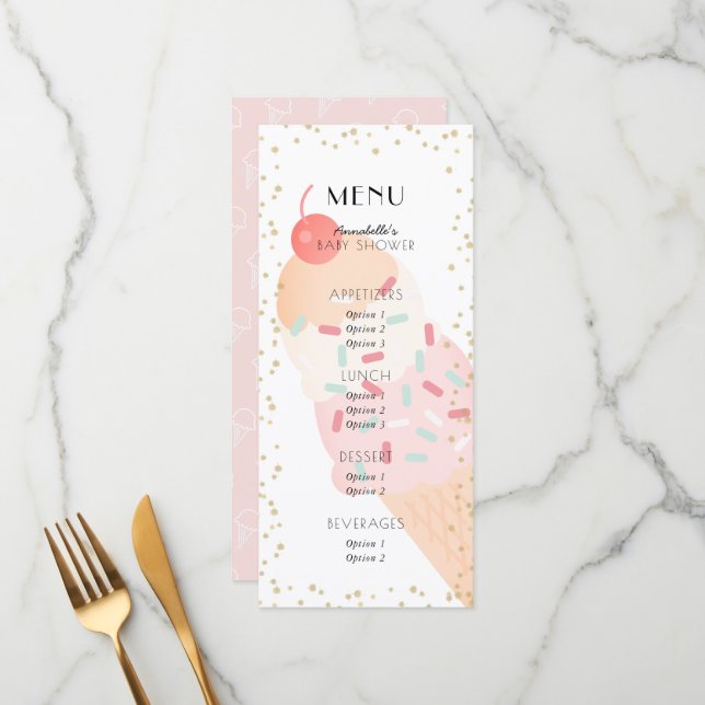 Ice Cream Cherry Pink Girl Baby Shower Menu (Front/Back In Situ)