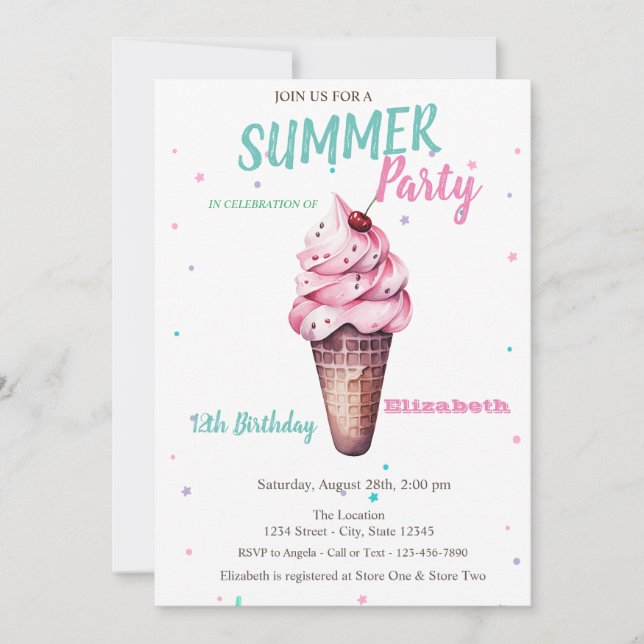 Ice cream Cherry Summer Birthday  Invitation (Front)