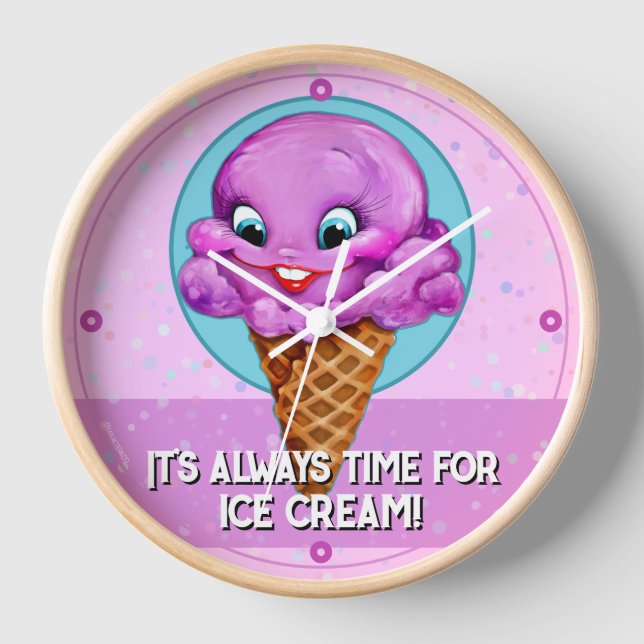 Ice cream clock hand-painted unique pink cone (Front)