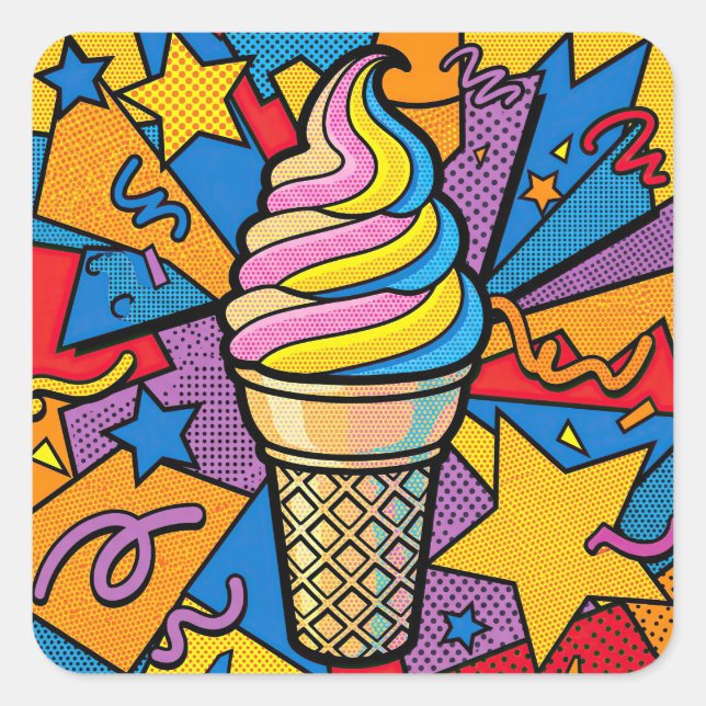 Ice Cream Cone and Confetti Pop Art Square Sticker (Front)