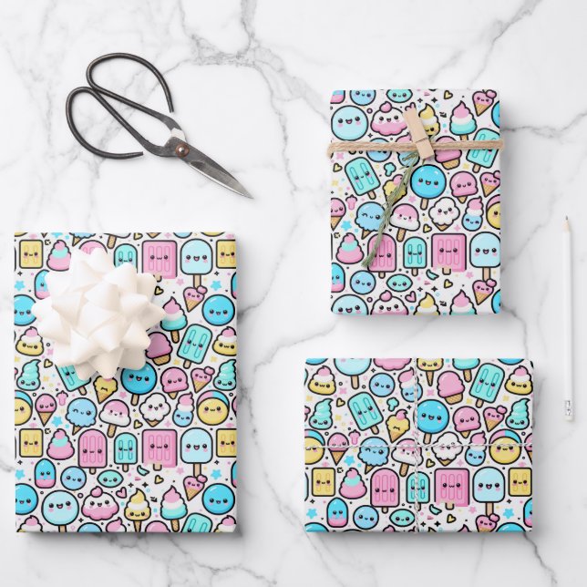 Ice Cream Cone and Popsicle Kawaii Art Wrapping Paper Sheet (Front)