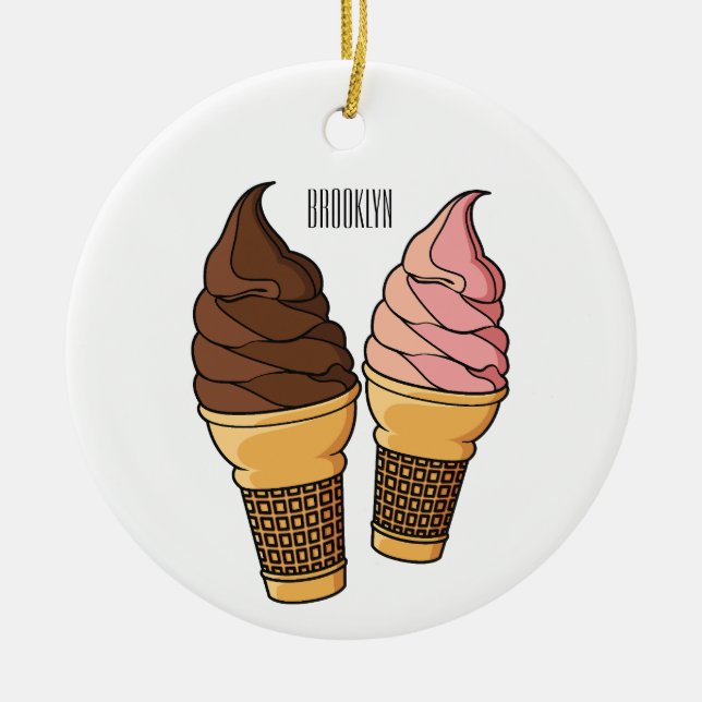 Ice cream cone cartoon illustration  ceramic tree decoration (Front)