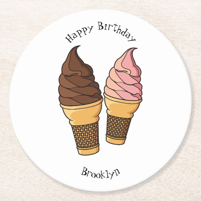 Ice cream cone cartoon illustration round paper coaster (Front)