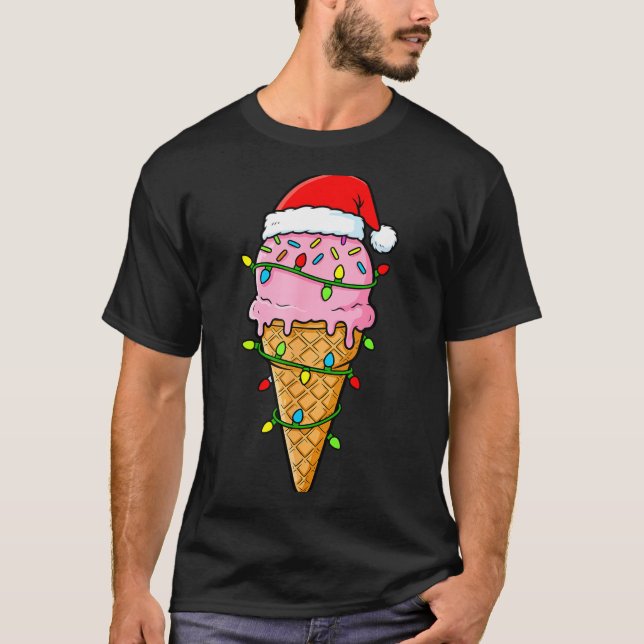 Ice Cream Cone Christmas Lights Santa Hat Food Xma T-Shirt (Front)