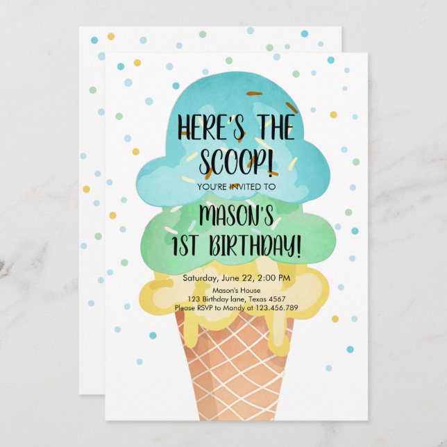 Ice Cream Cone Confetti Boy First Birthday Invitat Invitation (Front/Back)