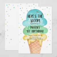 Ice Cream Cone Confetti Boy First Birthday Invitat