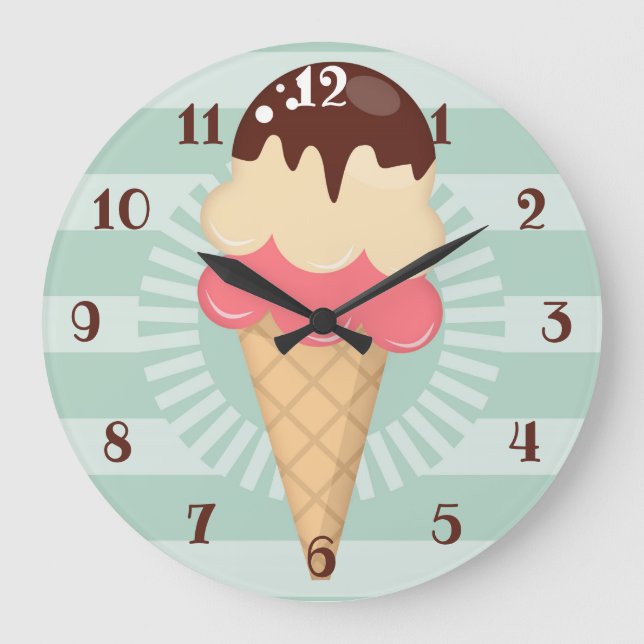 Ice Cream Cone - Cute Chocolate Vanilla Mint Green Large Clock (Front)