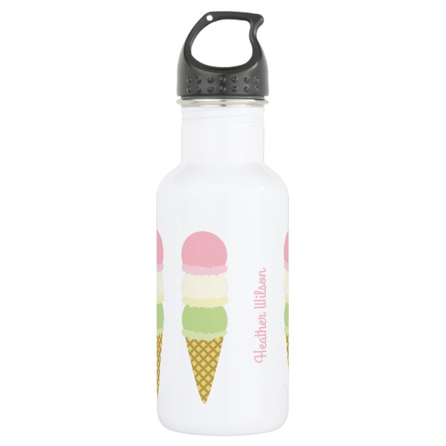 Ice Cream Cone Cute Kids Water Bottle with Name (Front)
