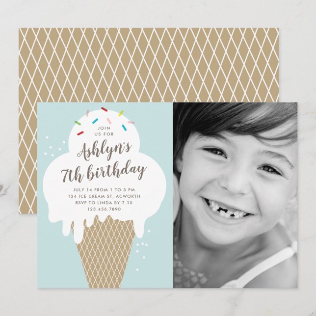 Ice cream cone kids birthday party invitation (Front/Back)