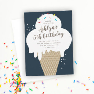 Ice Cream Cone Kids Blue Birthday Party Invitation
