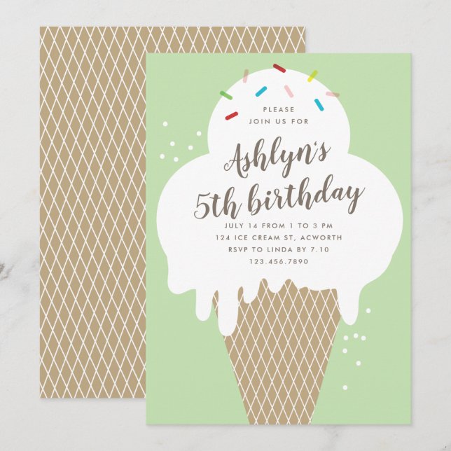 Ice cream cone kids green birthday party invitation (Front/Back)