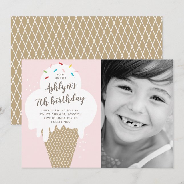Ice cream cone kids photo birthday party invitation (Front/Back)