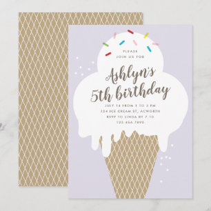 Ice cream cone kids purple birthday party invitation