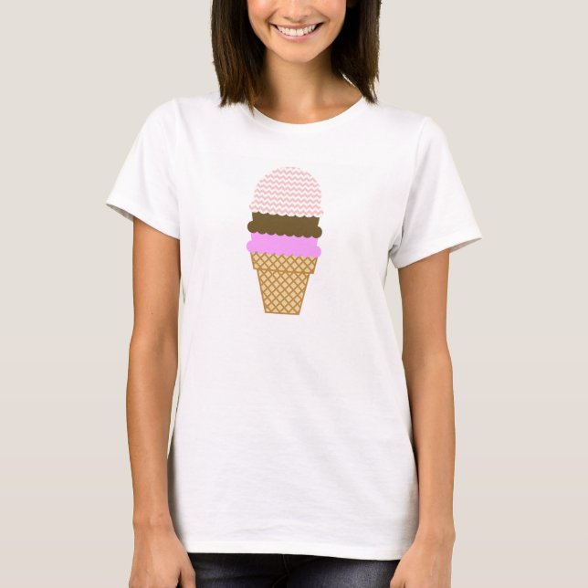 Ice Cream Cone on Baby Pink, Light Pink Chevron T-Shirt (Front)