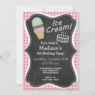 Ice Cream Cone on Blush Pink Gingham Invitation