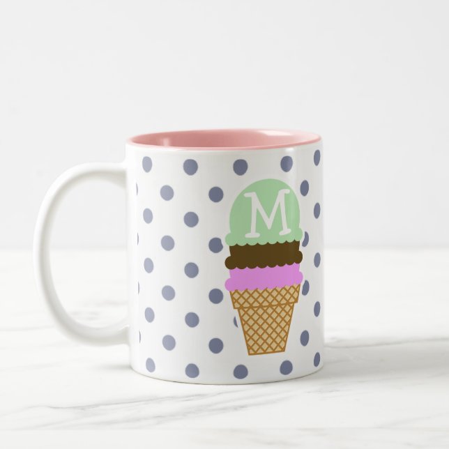 Ice Cream Cone on Cool Grey Polka Dots Two-Tone Coffee Mug (Left)