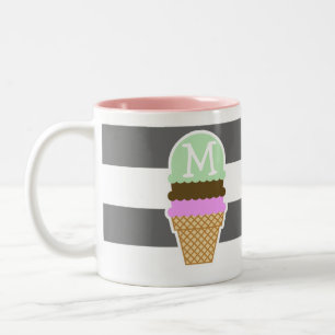 Ice Cream Cone on Dim Grey Horizontal Stripes Two-Tone Coffee Mug