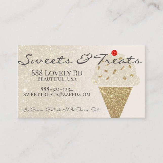 Ice Cream Cone on Glitter Gradient Sweet Shop Business Card (Front)