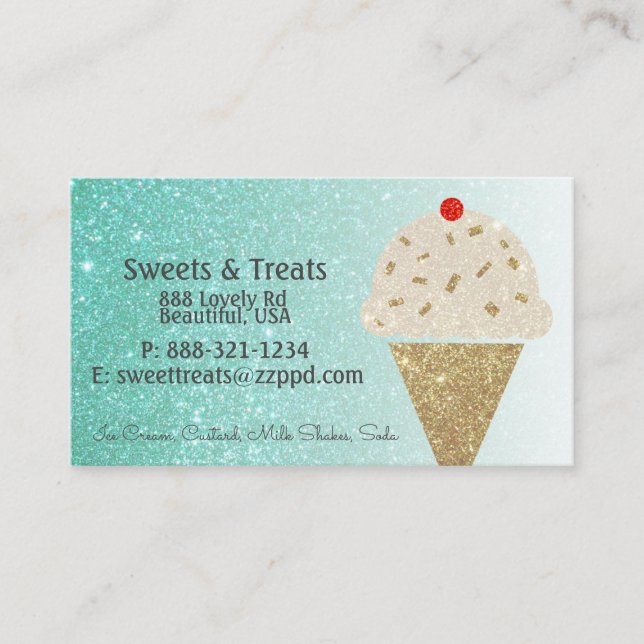 Ice Cream Cone on Teal Glitter Gradient Business Card (Front)