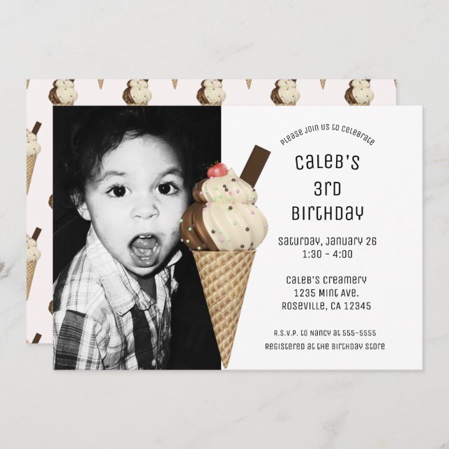 Ice Cream Cone Party Custom Birthday Photo  Invitation (Front/Back)