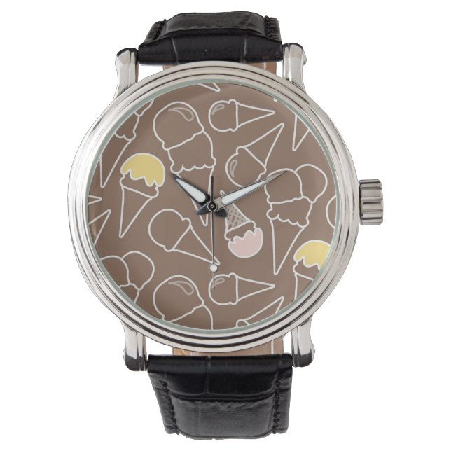 Ice Cream Cone Pattern on Brown Watch (Front)