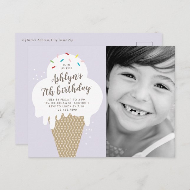 Ice Cream Cone Photo Kids Birthday Party Invitation Postcard (Front/Back)