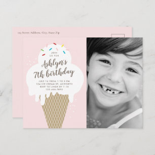 Ice Cream Cone Photo Kids Birthday Party Invitation Postcard