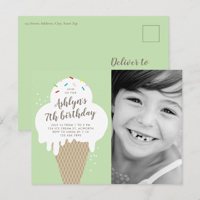 Ice Cream Cone Photo Kids Birthday Party Invitation Postcard (Front/Back)