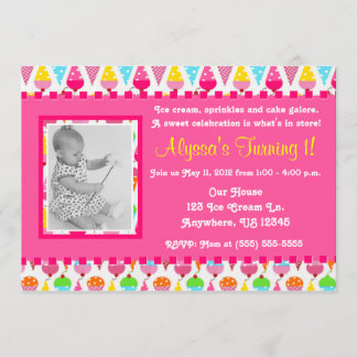 Ice Cream Cone Pink Girl Photo Birthday Invitation