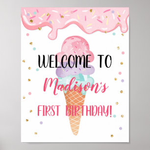 Ice Cream Cone Pink Gold Birthday Welcome Poster