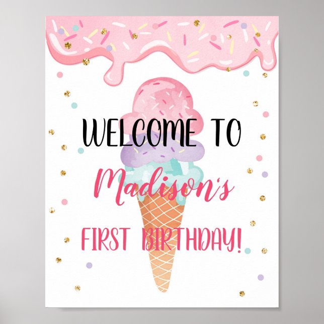 Ice Cream Cone Pink Gold Birthday Welcome Poster (Front)
