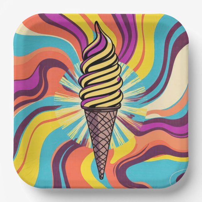 Ice Cream Cone Psychedelic Pop Art Paper Plate (Front)