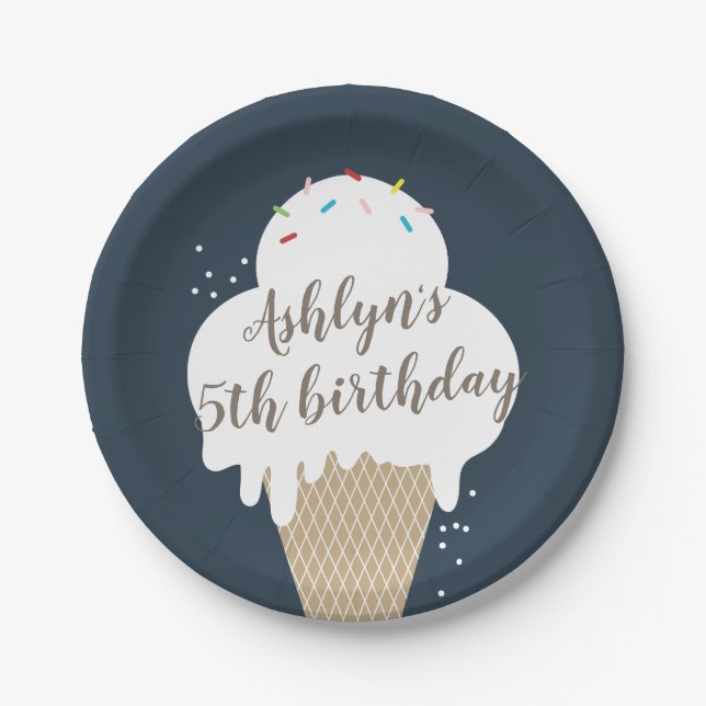 Ice Cream Cone Rainbow Sprinkles Kids Birthday Paper Plate (Front)