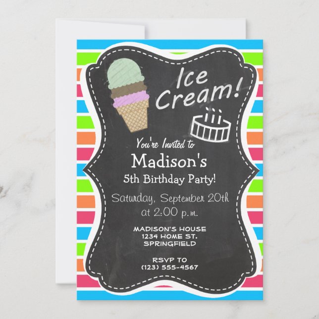 Ice Cream Cone; Retro Neon Rainbow Invitation (Front)