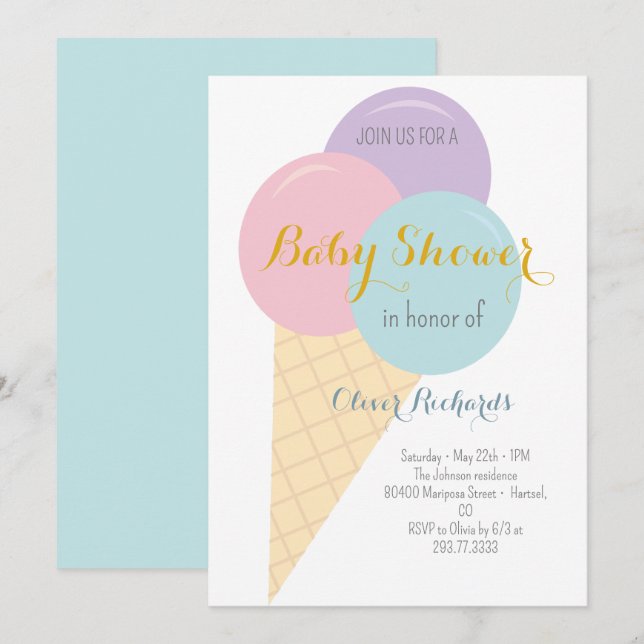 Ice Cream Cone Scoop Kids Baby Shower  Invitation (Front/Back)