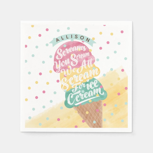 Ice Cream Cone Scoops Treat Bright Birthday Party Napkin (Front)