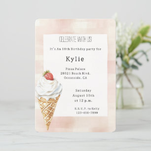 Ice Cream Cone Strawberry Birthday   Invitation