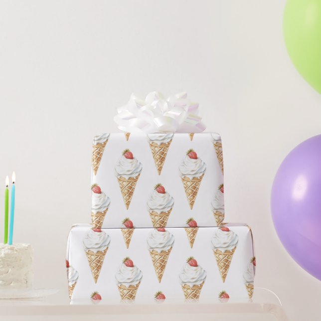Ice Cream Cone Strawberry Birthday  Wrapping Paper (Party Gifts)