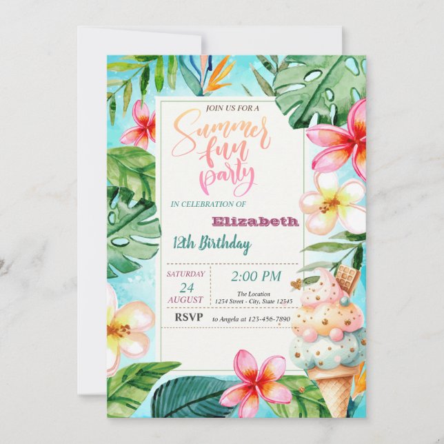  Ice Cream Cone Summer Flowers Birthday Party  Invitation (Front)