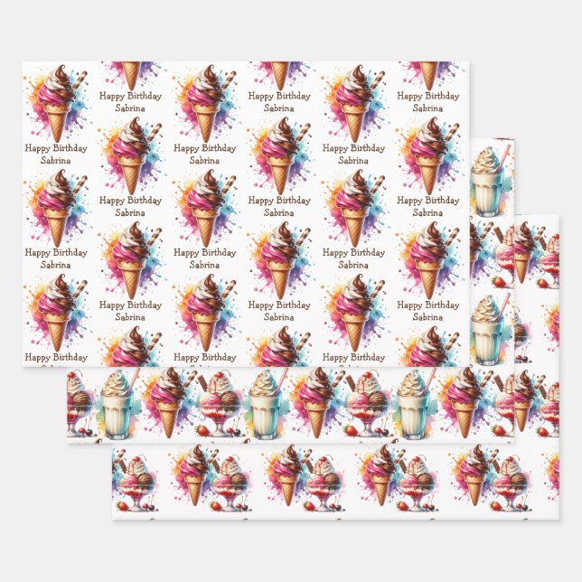 Ice Cream Cone, Sundae and Milkshake Birthday Wrapping Paper Sheet (Set)