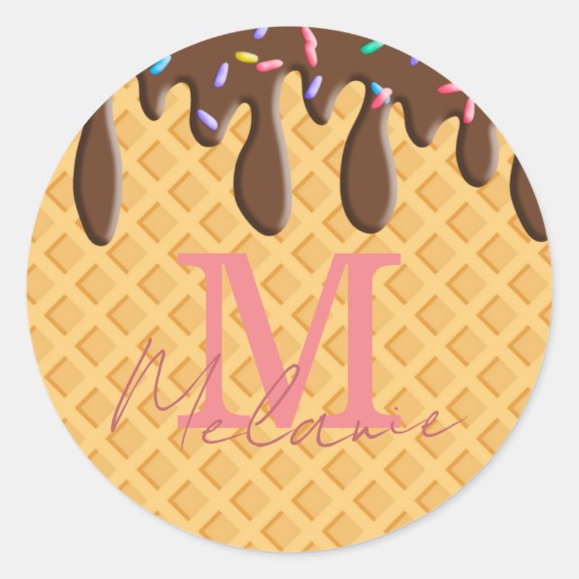 Ice Cream Cone With Chocolate Frosting & Sprinkle Classic Round Sticker (Front)