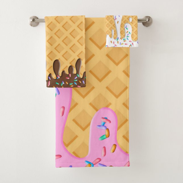 Ice Cream Cone With Dripping Frosting & Sprinkles Bath Towel Set (Insitu)