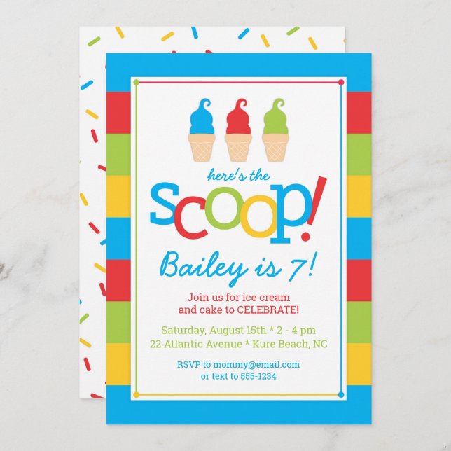 Ice Cream Cones Colourful Birthday Party Invitatio Invitation (Front/Back)