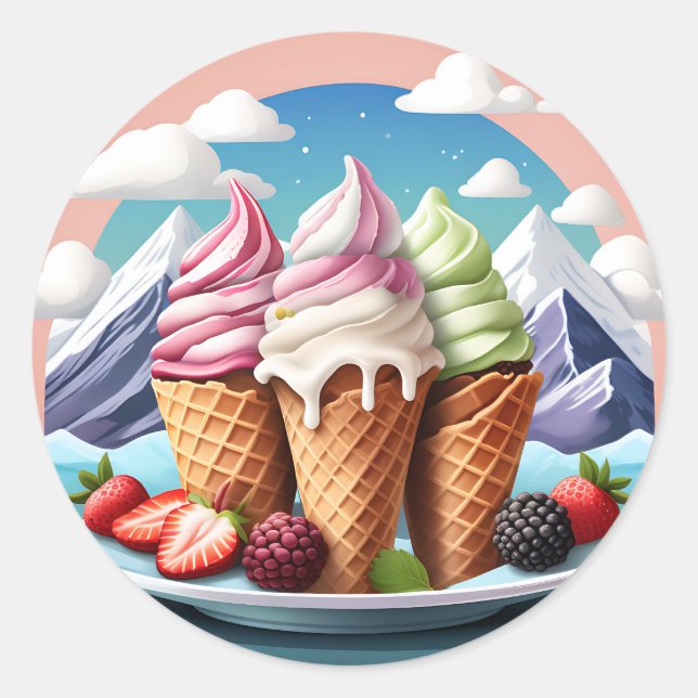 Ice Cream Cones with Berries Classic Round Sticker (Front)