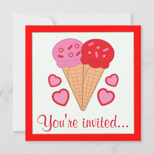 Ice Cream Cones with Hearts Valentine's Party Invitation