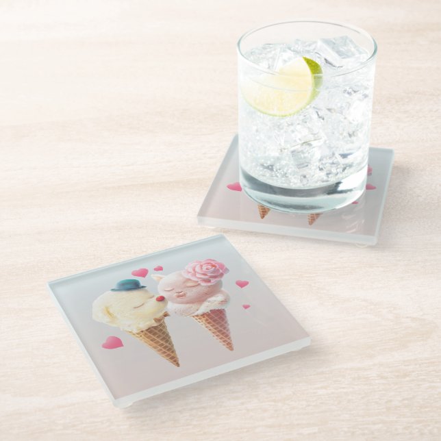 Ice Cream Couple – Love at First Lick Glass Coaster (Angled)