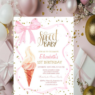  Ice Cream Diamonds Pink Bow Striped Birthday   Invitation