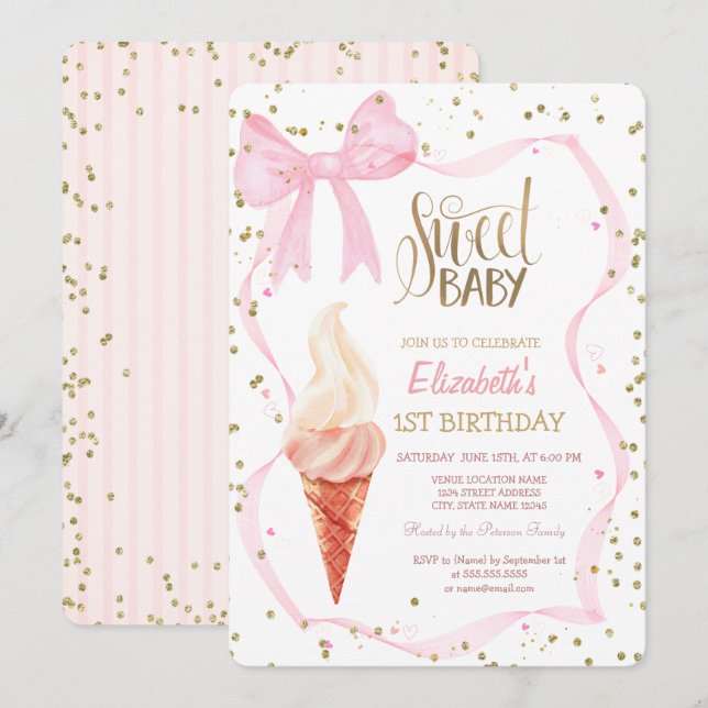  Ice Cream Diamonds Pink Bow Striped Birthday   Invitation (Front/Back)